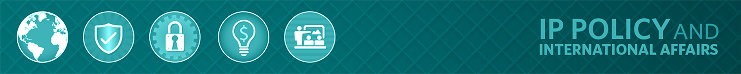 “IP Policy and International Affairs” on a teal abstract background with five icons: globe, shield with a checkmark, lock, lightbulb with a dollar sign, and classroom training.